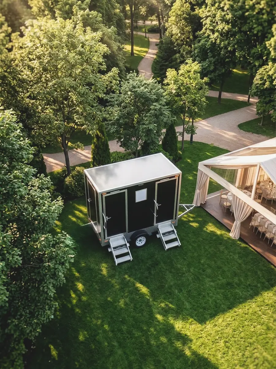 Aerial view of a restroom trailer beside a wedding tent on a green lawn